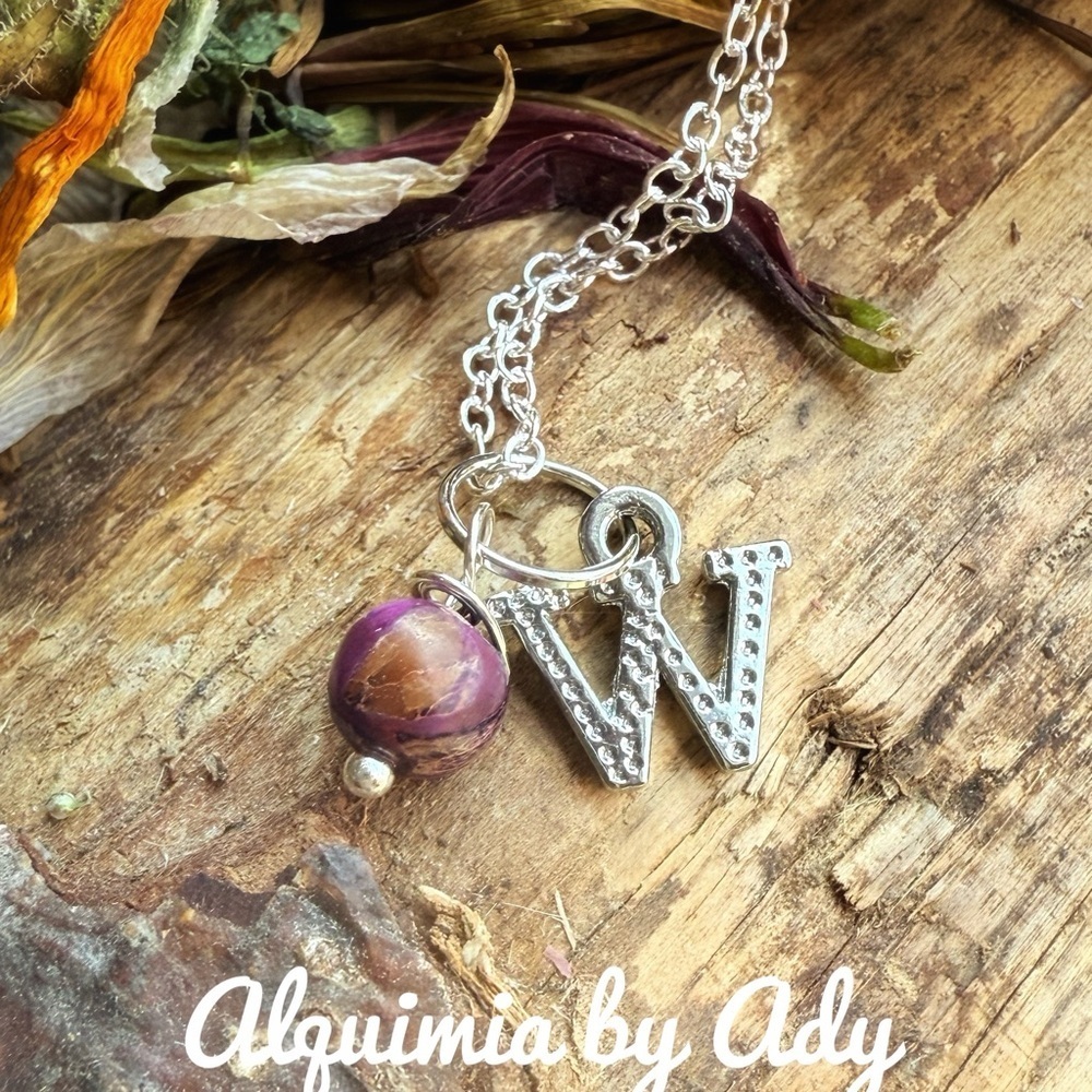 Silver initial Necklace with Purple turquoise Turquoise Bead Detail